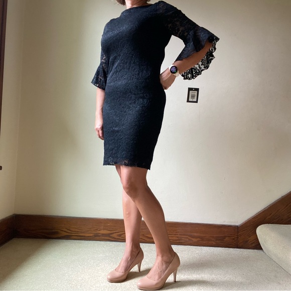 Marina stretch black lace sheath dress bell sleeve lined sheer wedding party - Picture 5 of 8